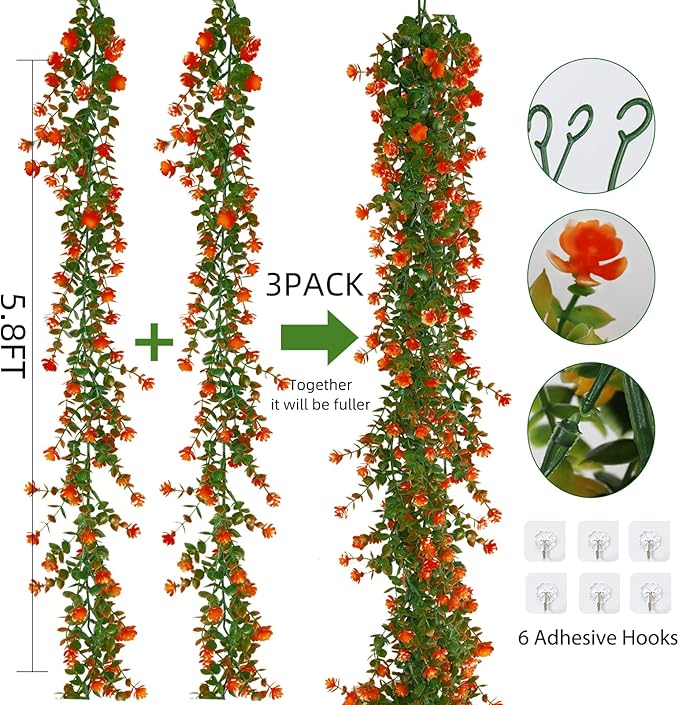 Faux Eucalyptus Garland Plant Fake Vines, Artificial Hanging Eucalyptus Leaves Greenery Vines Arch Kit Flower Green Garlands for Decoration for Wedding Backdrop Wall Party Home Indoor Outdoor(Orange)