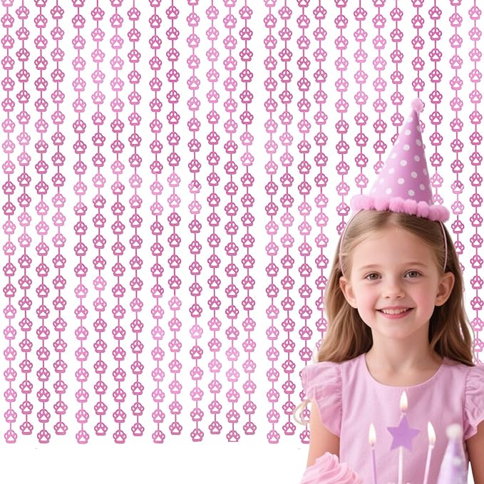 Cat Party Decorations - 2 Packs Pink Paw Foil Fringe Streamers Curtains for Boys Girls Birthday Backdrop Decorations, Pet Themed Photo Booth Prop (3.3x6.6 ft)