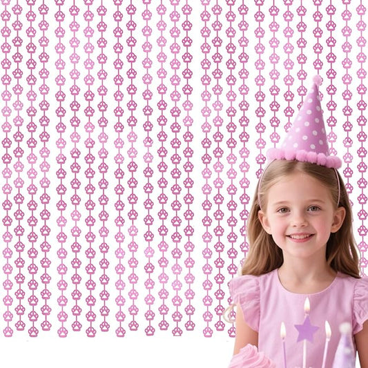 Cat Party Decorations - 2 Packs Pink Paw Foil Fringe Streamers Curtains for Boys Girls Birthday Backdrop Decorations, Pet Themed Photo Booth Prop (3.3x6.6 ft)