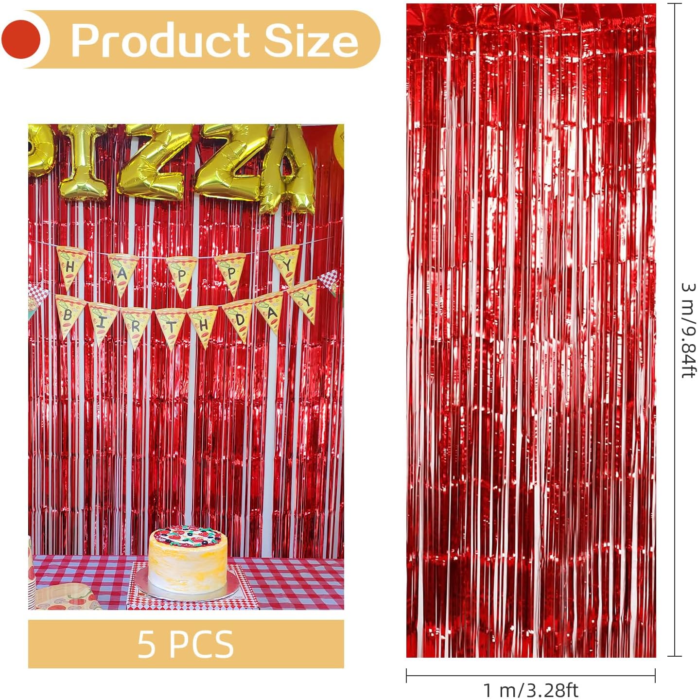 5 Pack Red Foil Curtain Backdrop 3.2ft x 9.8ft Metallic Tinsel Foil Fringe Curtains Streamer Photo Booth Backdrop for Birthday Party Engagement Bachelorette Party Decorations (Red)