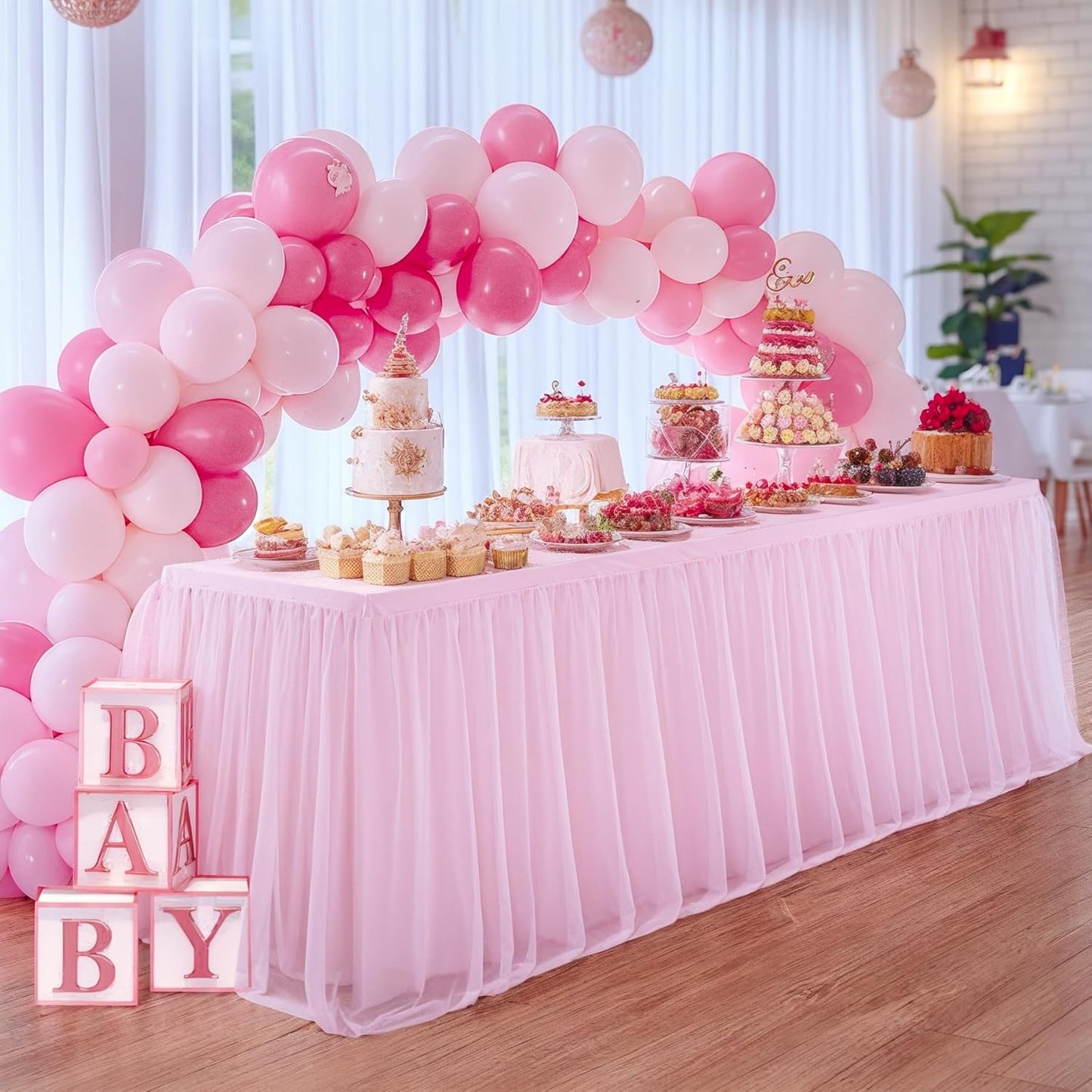 4 Pack 8ft Pink Tablecloths for Rectangle Tables, 8 Foot Pink Rectangular Table Cloth, Wrinkle Free Table Cover with Tutu Skirt for Baby Shower Girls Birthday Party Banquet Buffet Cake Decorations