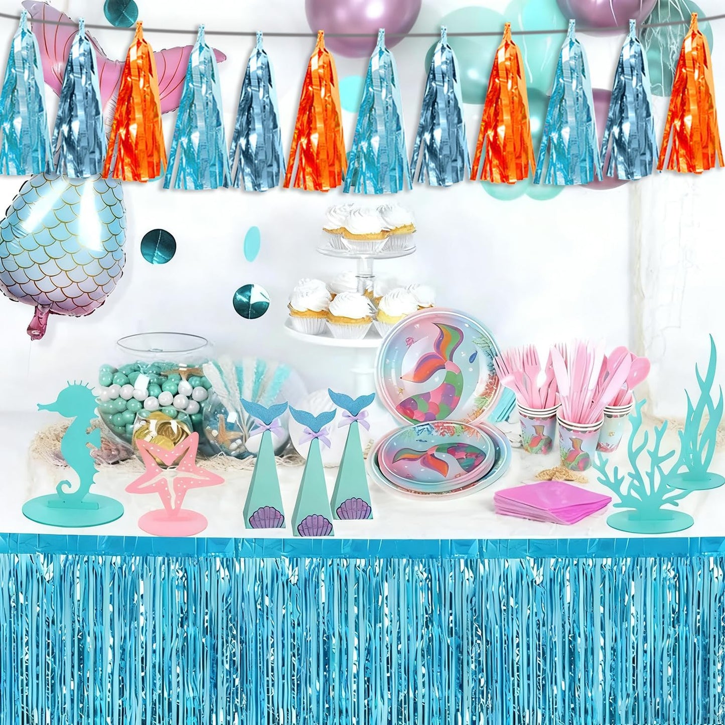 4P Lake Blue Light Blue-Orange Tassel Banner Garland Metallic Foil Fringe Banner Tinsel Tassels Streamer Banner Backdrop for Parade Floats,Graduation Decorations, Wedding Party Decoration