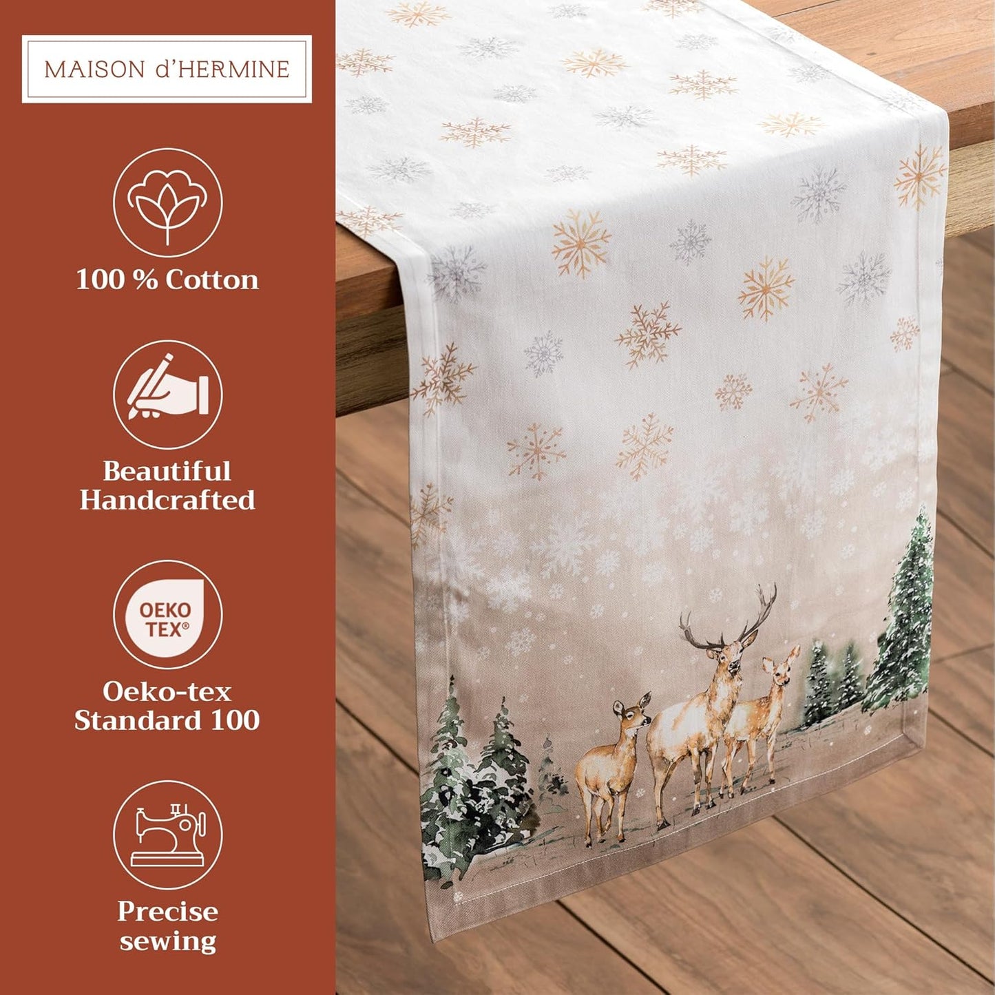Maison d' Hermine Table Runner 100% Cotton Single Layer Table Runners 72 inches Long for Thanksgiving Christmas Decorations Home Kitchen Dining Party Wedding (Deer in The Woods, 14.5" x 72")