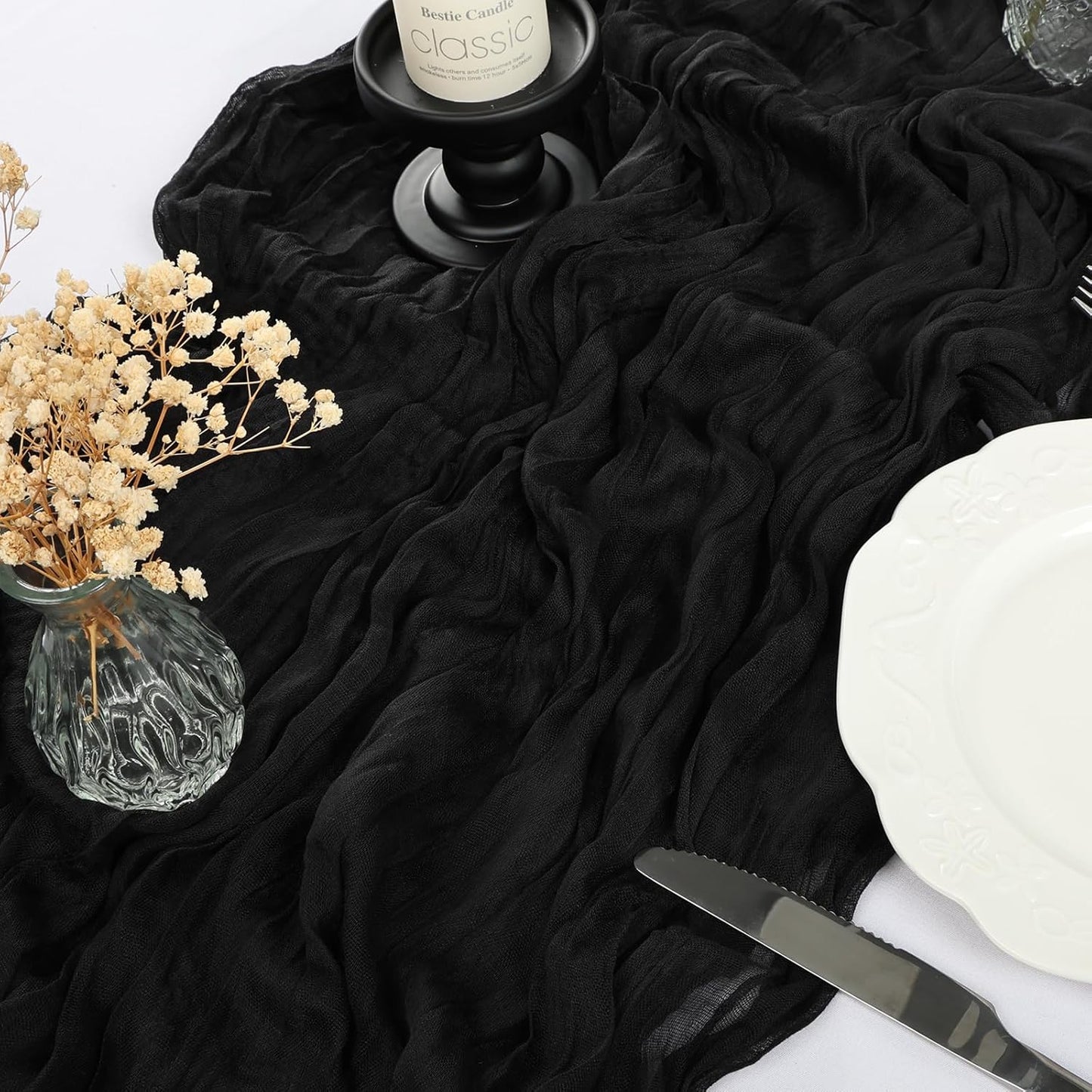 6 Pack 10FT Black Cheesecloth Table Runner 35x120 Inch Gauze Rustic Boho Table Runner Cheese Cloth for Wedding Decor Birthday Party Bridal Baby Shower Table Centerpiece Decoration