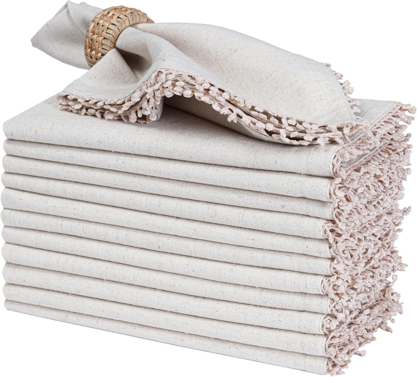 Bedding Craft Linen Cloth Dinner Napkins Set of 12 – 18x18 Natural with Decorative Lace Selvedge – Elegant Machine Washable Napkins for Weddings, Baby Showers, Parties & Dining
