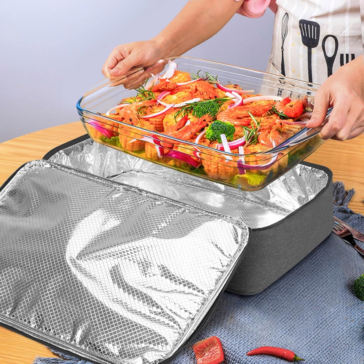 Insulated Casserole Carrier for Hot or Cold Food, Reusable Insulated Food Carrier for Potluck Parties, Picnic, Cookouts, Fits 11 x 15 or 9 x 13 Lasagna Pan, Casserole Dish, Baking Dish（Gray）