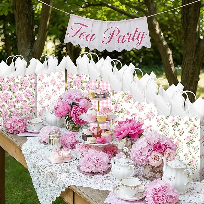 Kolldenn 24 Pcs Hydrangea Floral Party Gift Bags with Handles Paper Candy Treat Goodie Bags Scalloped for Birthday Decoration for Bridal Baby Shower Tea Party Supplies