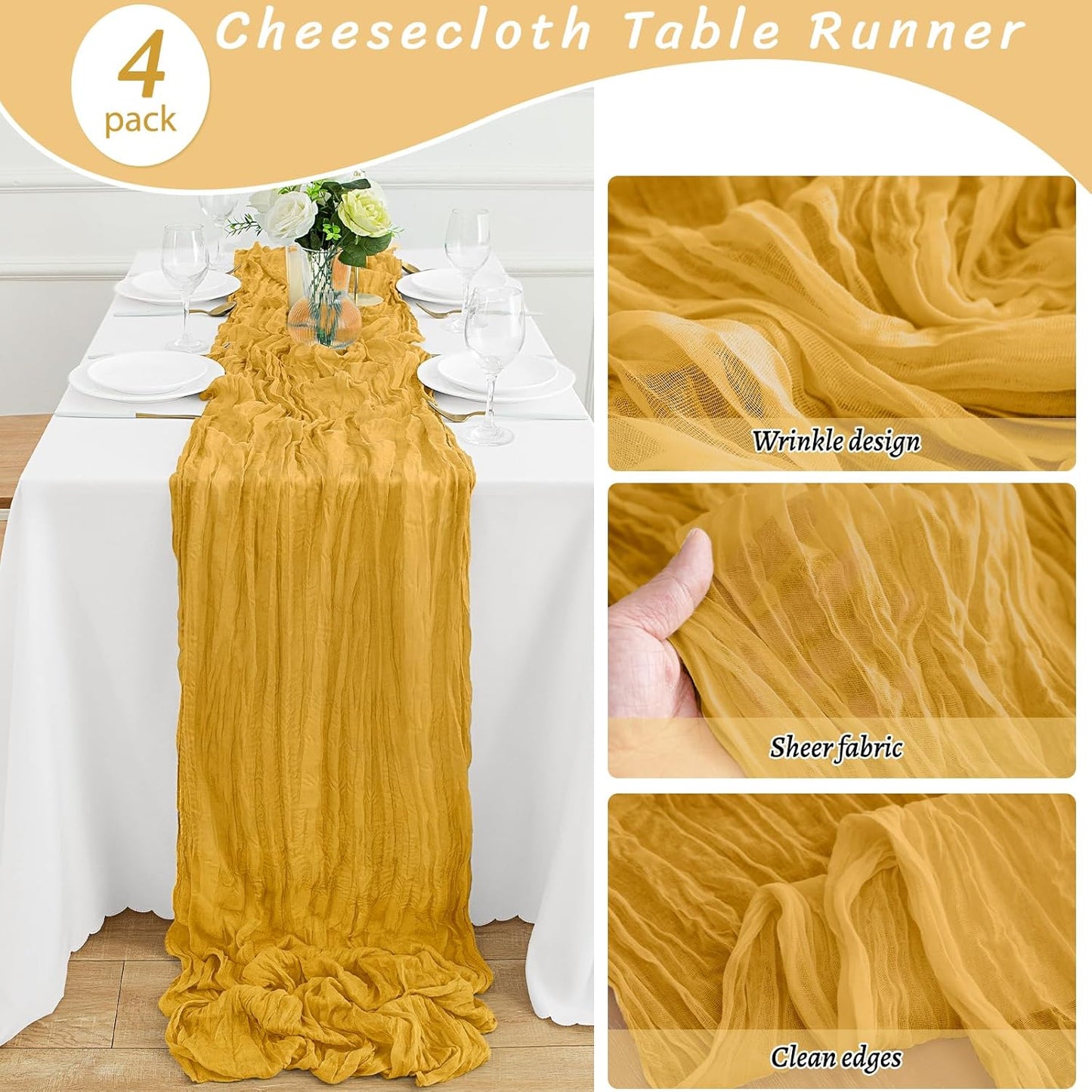 4Pack Gold Table Runner 10FT Cheesecloth Table Runner 35x120Inch Long Boho Cheese Cloth Table Runners Rustic Gauze Fall Table Runners for Party Wedding Bridal Shower Baby Shower Decorations