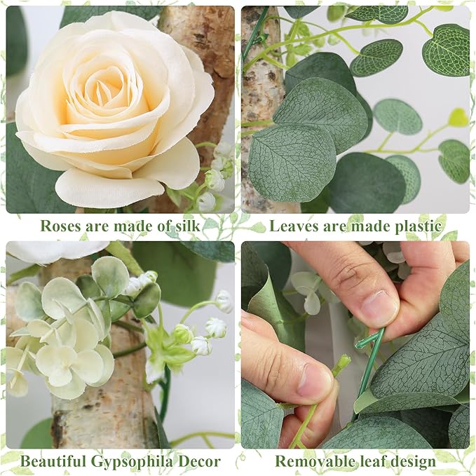 TOCHGREEN 4Pcs(26 Ft) Artificial Eucalyptus Flower Garland with Champagne Rose Flowers,Faux Rose Vine Gypsophila,Floral Greenery for Party Wedding Table Decor (Champagne, 4PCS)