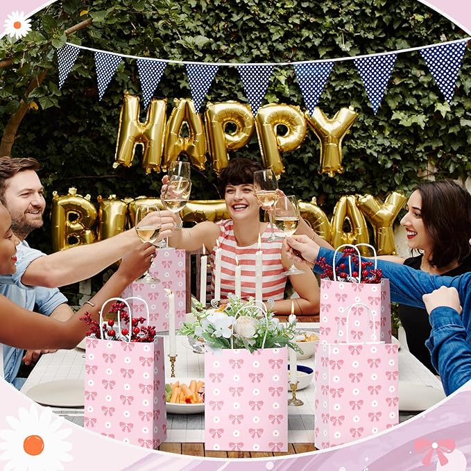 Kolldenn 16 Pcs Coquette Daisy Bow Paper Gift Bags Women Mother's Day Birthday Favor Goodie Candy Bags with Handles for Bridal Engagement Baby Shower Party Supplies