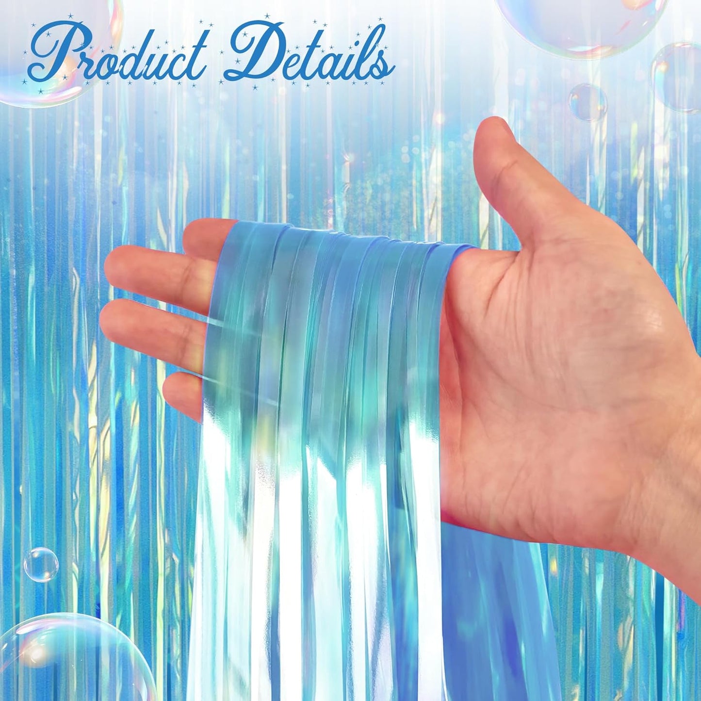 2 Pack Blue Iridescent Streamers Backdrop, 3.3x6.6ft Foil Fringe Curtains Holographic Door Tinsel Streamers for Birthday, Wedding, Holiday, Bachelorette, Christmas, Winter Theme Party Decorations