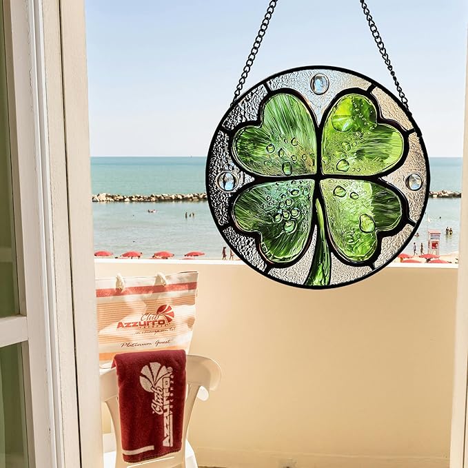 Stained Glass Window Hanging - St. Patrick's Day Green Irish Themed Gifts Sun Catcher Door Home Clover Decor Suncatcher Christmas Mother's Day Birthday Gifts for Women Men Mom Nana 9.8 in