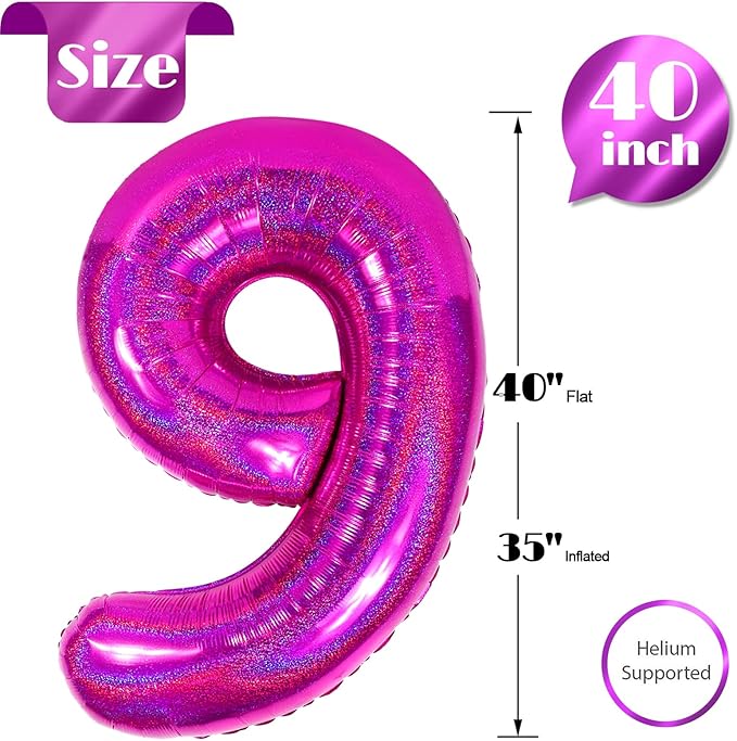 Laser Hot Pink 9 Balloon, Number Balloons 40 Inch, 9th Giant Birthday Decorations for Girls,19th 29th Party Decorations Supplies, Number 9 Balloon