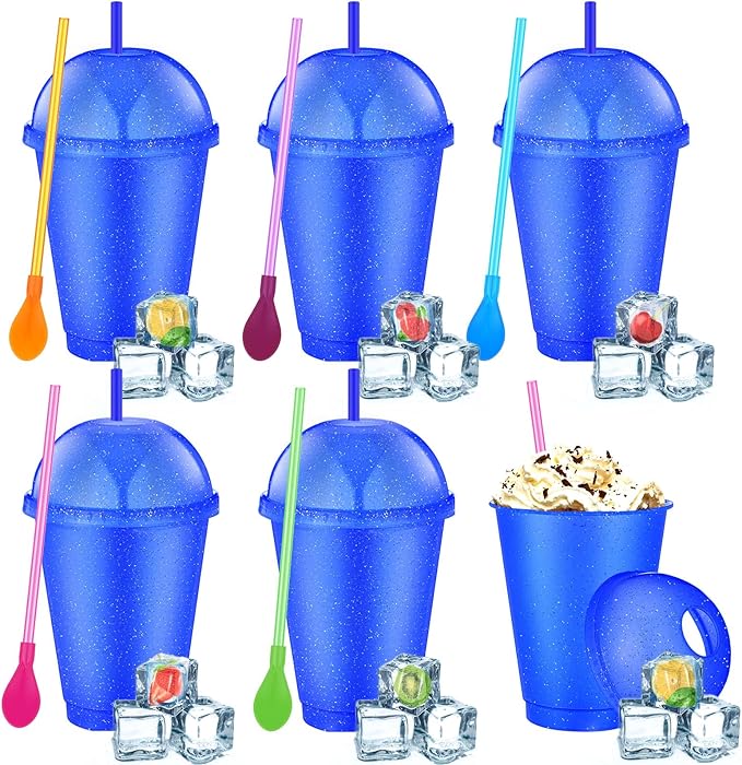 6 Set Slushie Cups with Dome Lids and Straws Detachable Spoon Straws Reusable Plastic Iced Coffee Cups Smoothie Tumbler for Birthdays Summer Party Supplies(Blue,16 oz)