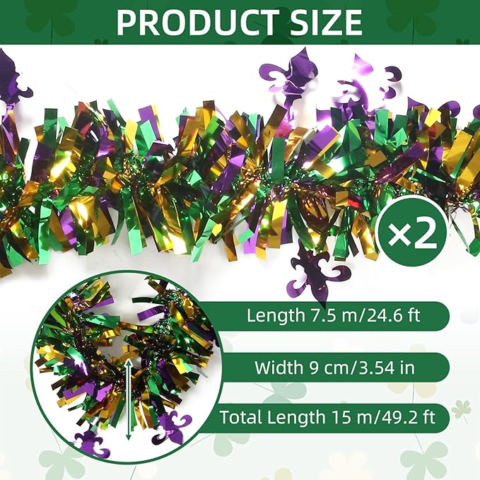 50 Feet Mardi Gras Tinsel Garland Gold Green Purple Mardi Gras Christmas Tree Tinsel Garland Metallic Twisted Hanging for Oktoberfest Birthday Party Decoration, A