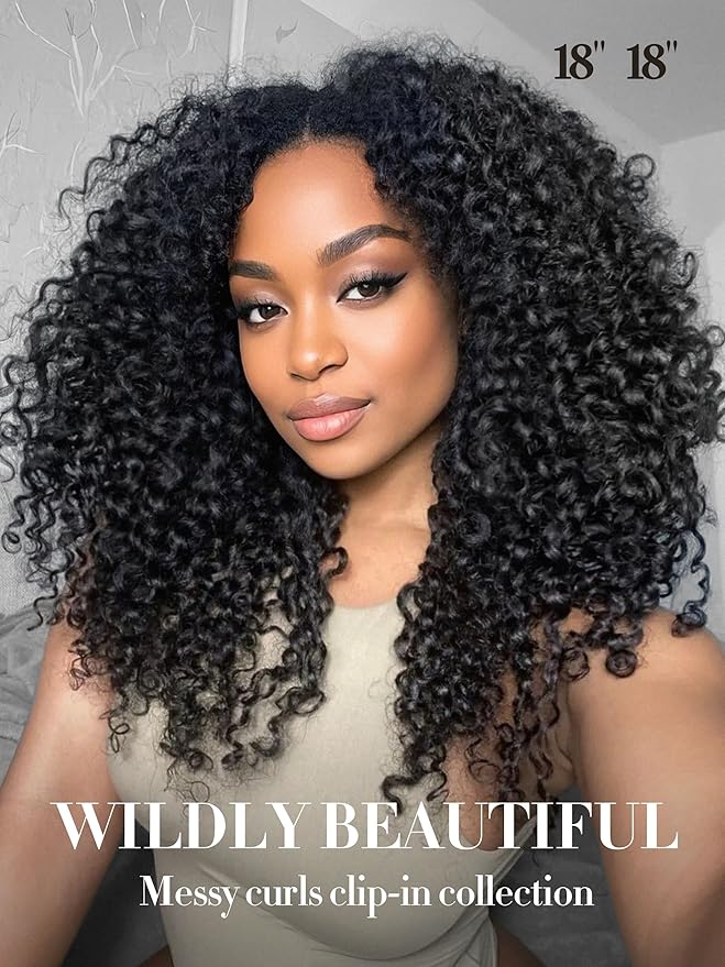 LUVME Burmese Curly Clip in Hair Extensions Real Human Hair Messy Curly Clip Ins Fullness with 2 Pack for Women Brazilian Remy Human Hair Natural Black 135g 16Inch