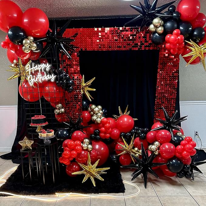 Black Red Gold Star Balloons,9Pcs 22Inch Black Gold Red Explosion Spike Cone Helium Polyester Film Star Foil Balloons for Birthday Anniversary Baby Shower New Year Disco Party Decorations