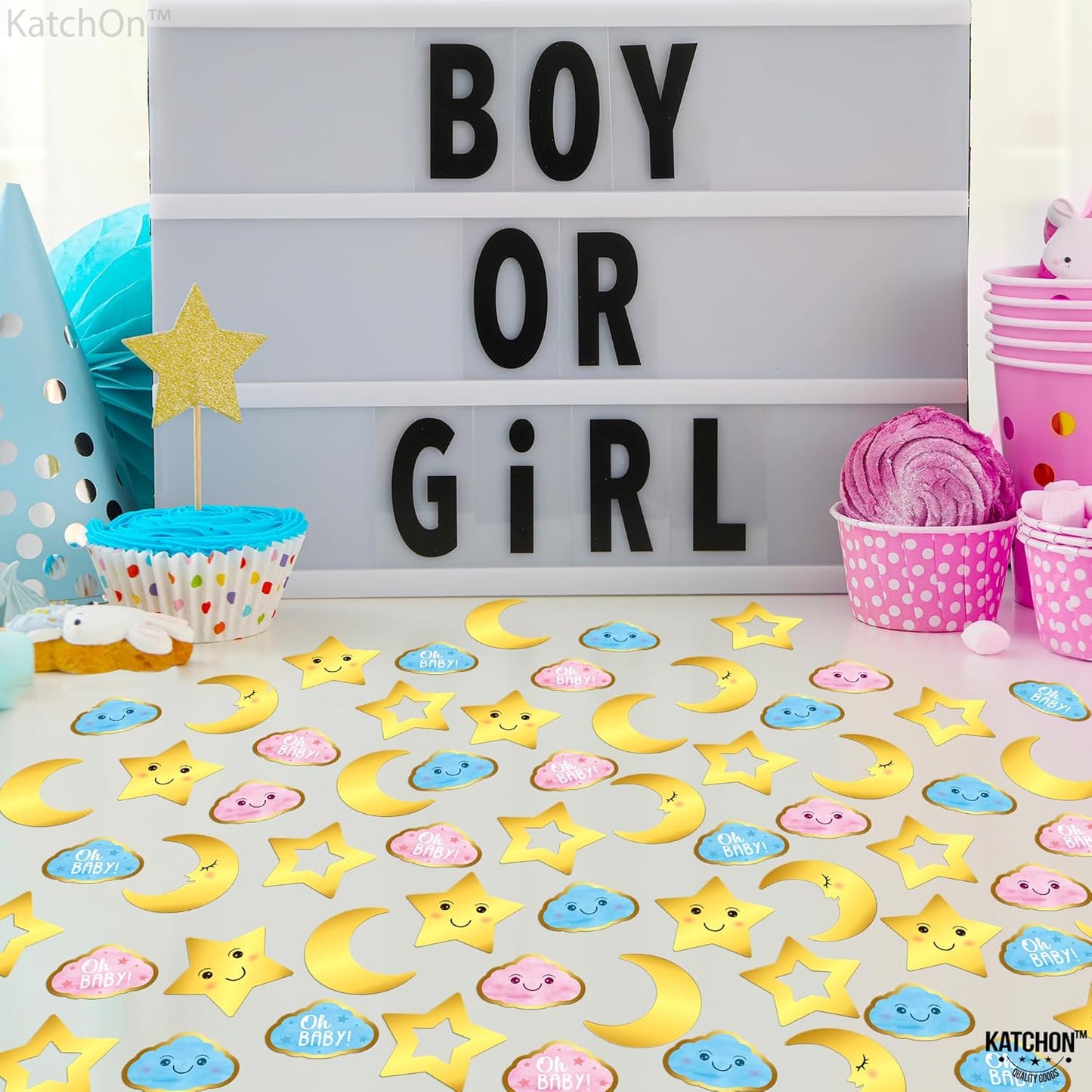 KatchOn, Baby Shower Confetti for Tables - Pack of 240 | Star and Moon Confetti For Gender Reveal Table Decorations | Pink, Blue and Gold confetti For Gender Reveal Party Decorations