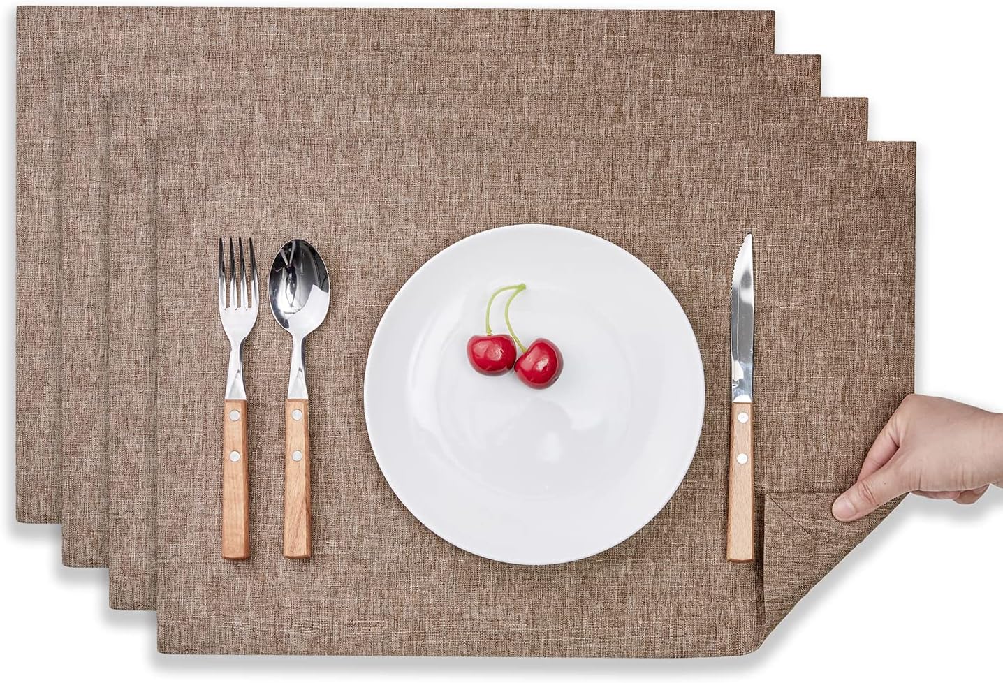 Mebakuk Cloth Placemats, Machine Washable Linen Style Thick Place Mats, Heat Resistant and Easy to Clean Fabric Table Mats for Kitchen Dining Table (Flaxen, Set of 4)