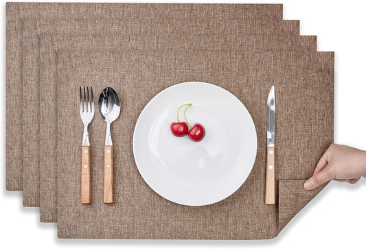 Mebakuk Cloth Placemats, Machine Washable Linen Style Thick Place Mats, Heat Resistant and Easy to Clean Fabric Table Mats for Kitchen Dining Table (Flaxen, Set of 4)