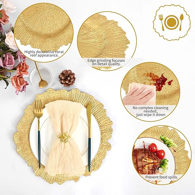 Pesonlook 100Pcs Gold Charger Plates Round 13inch, Reef Plate Chargers for Dinner, Bulk Plastic Floral Table Charger Plates for Dinner Wedding Party Event Table Setting Decoration(Gold)