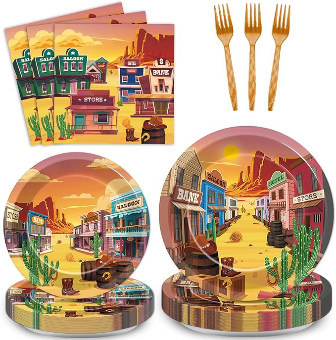 96 PCS Western Party Paper Plates and Napkins Rodeo Party Supplies Western Cowboy Disposable Tableware Set Wild West Desert Town Plate for Baby Shower Birthday Gatherings Decorations