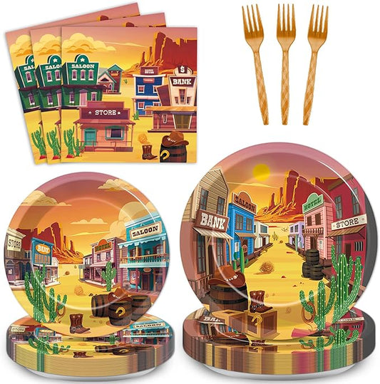 96 PCS Western Party Paper Plates and Napkins Rodeo Party Supplies Western Cowboy Disposable Tableware Set Wild West Desert Town Plate for Baby Shower Birthday Gatherings Decorations
