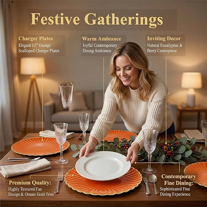 Orange Charger Plates, 13 Inch Plastic Round Dinner Charger Plates for Wedding Party, Tabletop Decor. (Set of 6)