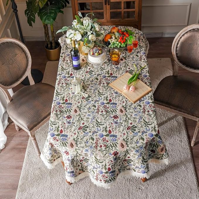 SUTAVIA French Floral Tablecloth Hand-Made Cotton Fabric with Lace Vintage Berry Garden Pattern Tabletop Sofa Cover Blanket for Home Holiday Party Decor (Red Floral, Oval, 52"x70")