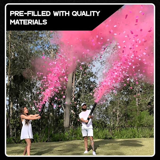 Ultimate Confetti – Handheld Gender Reveal Powder + Confetti Cannon 24” Pink – Non-Toxic Food-Grade Powder Cannon – Pre-Filled, Leak-Resistant Single-Use Cannon– 15–25 ft Outdoor Photo-Ready Explosion