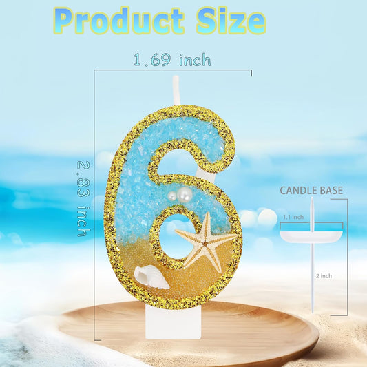 Ocean Number 6 Candle, Glitter Gold Beach Starfish Cake Topper, Tropical Ocean Princess Birthday Decorations for Party Supplies Wedding Anniversaries