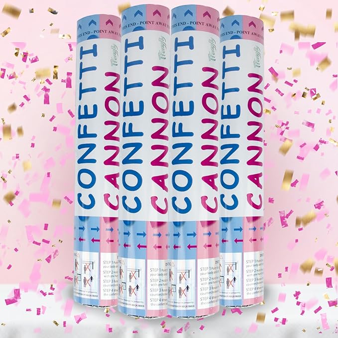 4 Pack Gender Reveal Confetti Cannon, 12 in Pink Rectangle Shaped Paper Party Poppers Cannons, Confetti Poppers For Baby Boy Girl Gender Reveal Baby Showers (Rectangle, Pink)