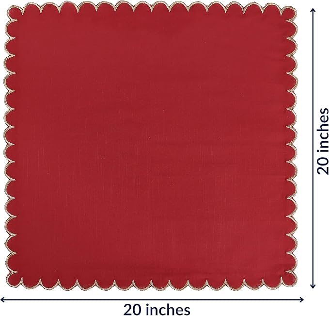 FINGERCRAFT Cloth Napkins, Everyday Use Scallop Design with Golden Zari, Premium Quality Natural Cotton Napkin Cloth Set of 6 Perfect for Parties Dinners Weddings Christmas 20x20 inch Tango Red