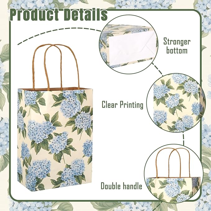 JarThenaAMCS 24Pcs Hydrangea Kraft Paper Bags Blue Floral Treat Gift Bags with Handles Flower Candy Goodie Bag for Spring Birthday Wedding Baby Shower Party Supplies