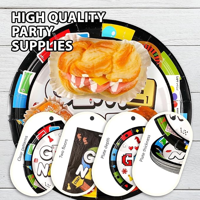 Grencian 200Pcs Family Game Night Decorations Game Night Plates and Napkins Disposable Gamer Paper Tableware Set for Adults Family Gathering Birthday Gaming Theme Party Supplies, Serves 50