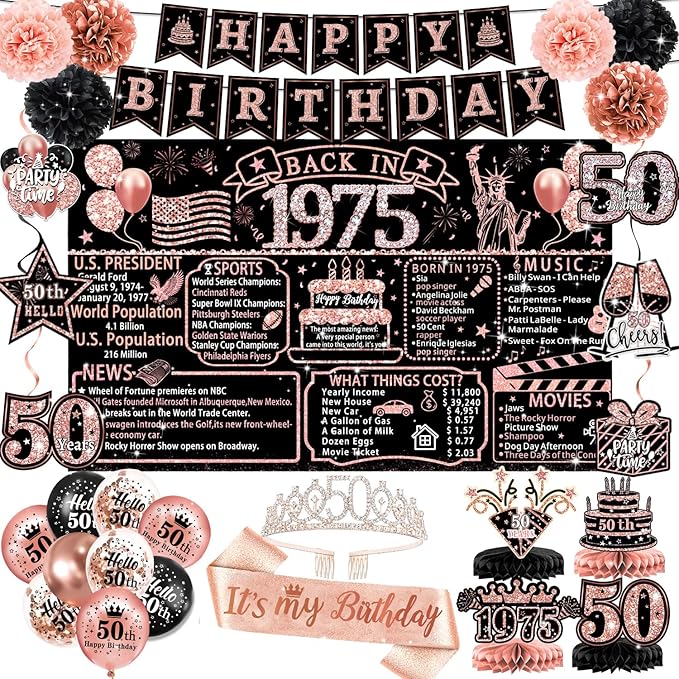 50th Birthday Decorations for Women – 59pcs Back in 1975 Party Supplies Backdrop, Banner, Honeycomb Centerpieces, Hanging Swirls, Foil & Latex Balloon, Cake & Cupcake Toppers, Sash, Pom Poms, Crown