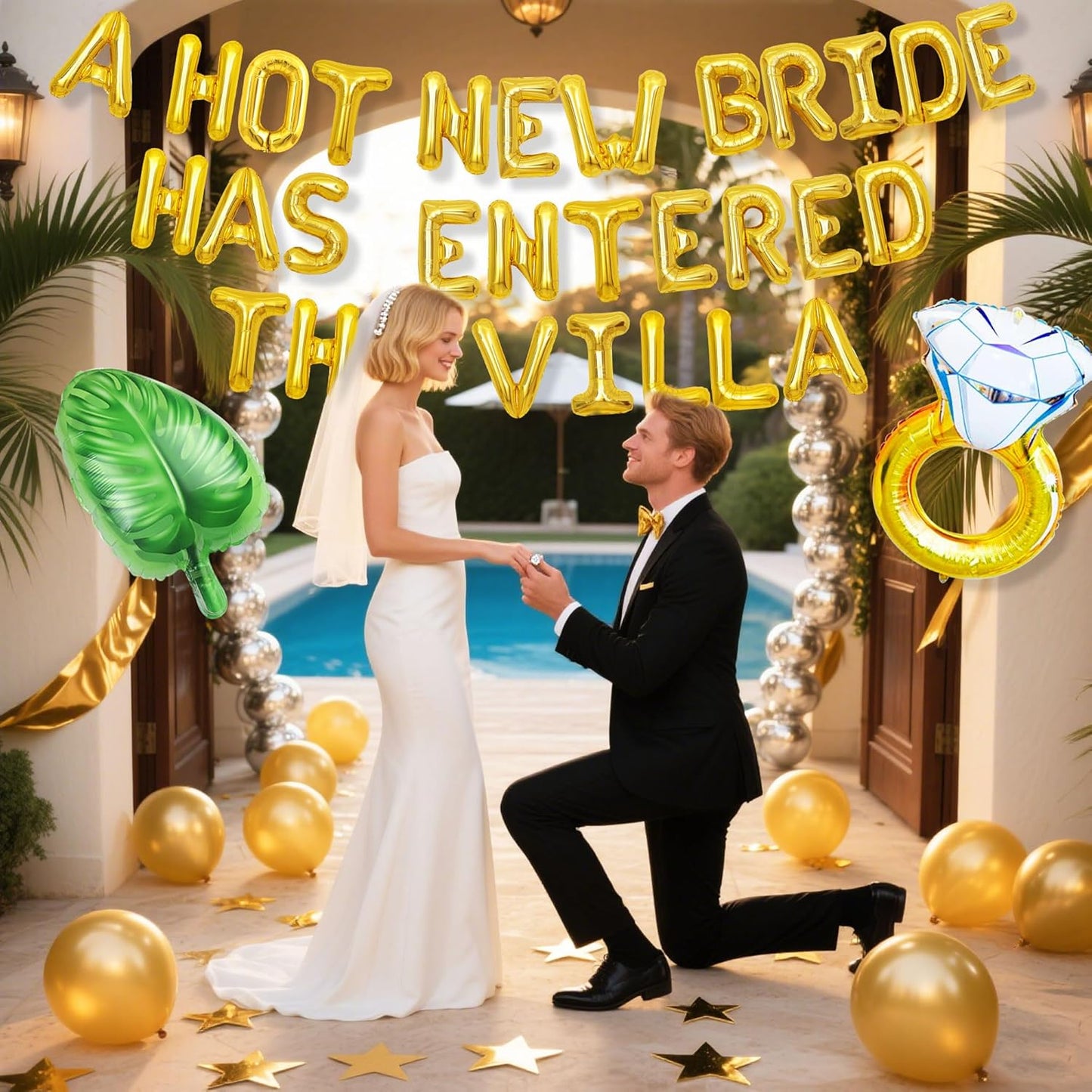 A Hot New Bride Has Entered The Villa Banner Balloons Palm Tree Ring Mylar Balloon for Love Island Themed Bachelorette Party Decorations