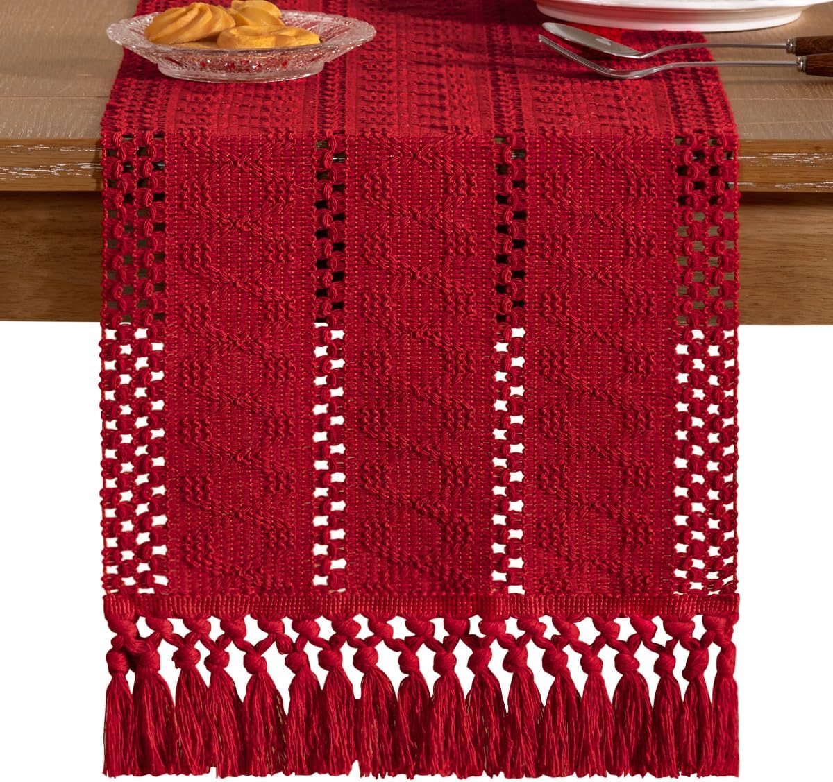 Socomi Boho Table Runner Fall Thanksgiving Farmhouse Rustic Dining Kitchen Centerpiece Decor Small Macrame Woven Cotton Linen Coffee Table Runner for Dresser Scarf Home Decor 12x36 in Red