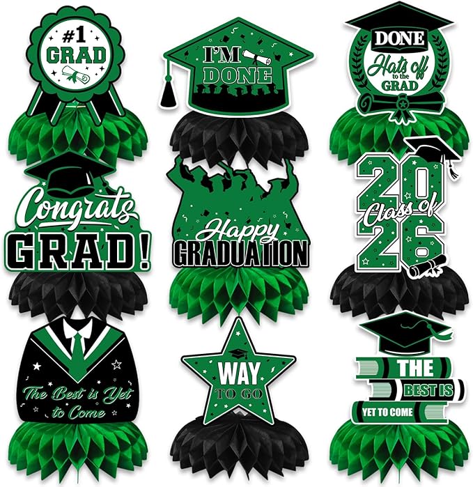 Graduation Table Decorations 2026,Green Graduation Centerpieces for Tables, 9Pcs Honeycomb Centerpieces, 3D Congrats Grad Table Toppers for Grad Party Decorations, Class of 2026 Decor