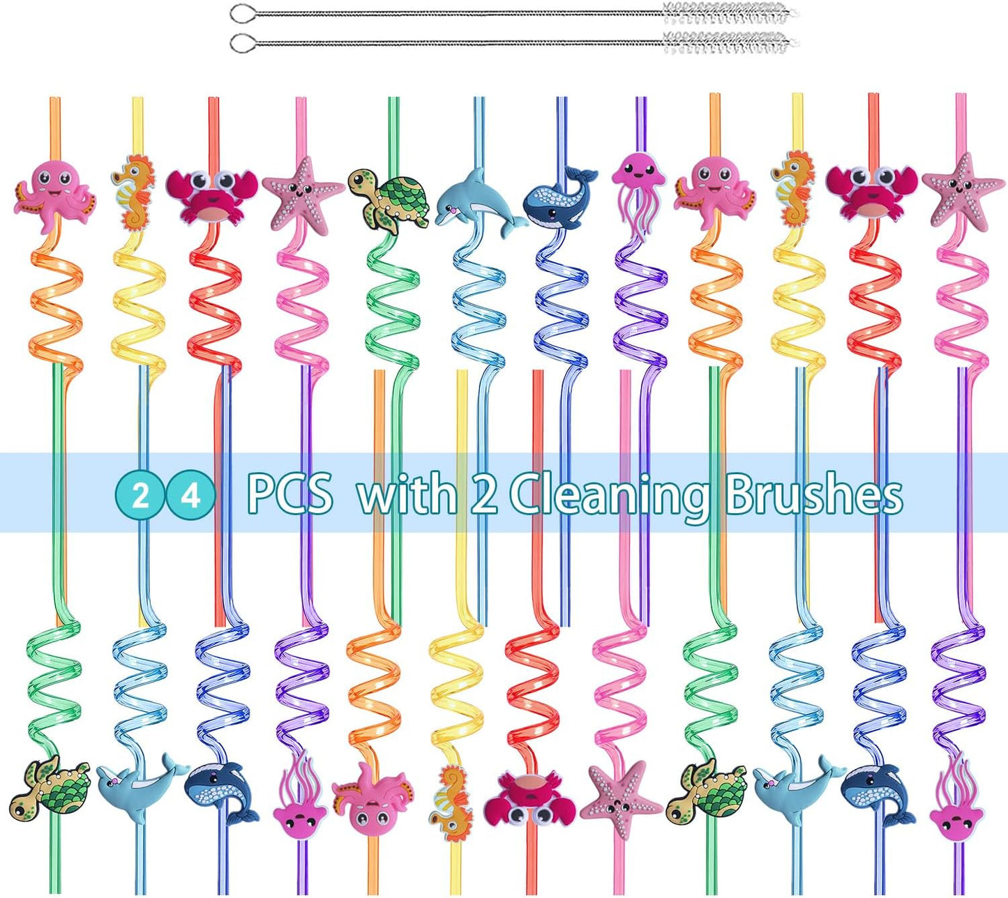 24 PCS Reusable Sea Animal Straws Party Favors, Plastic Ocean Creature Silly Swirly Drinking Straws for Kids Party Decorations Beach Ocean Themed Party Supplies with Clean Brushes