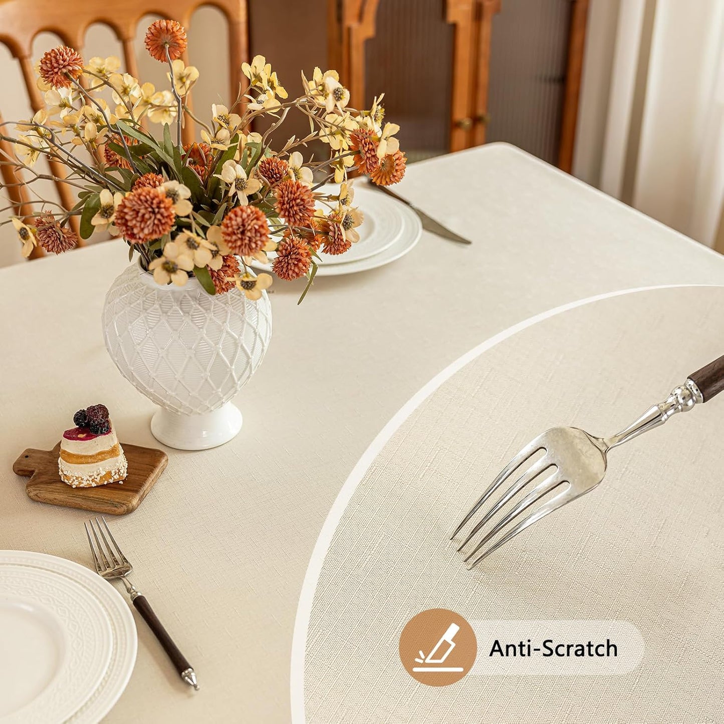 Fabric 52x52 Inch Square Table Cloth, Faux Linen Textured Water Resistant & Wipeable Card Tablecloth, Reusable for Dinning Kitchen Patio, Beige