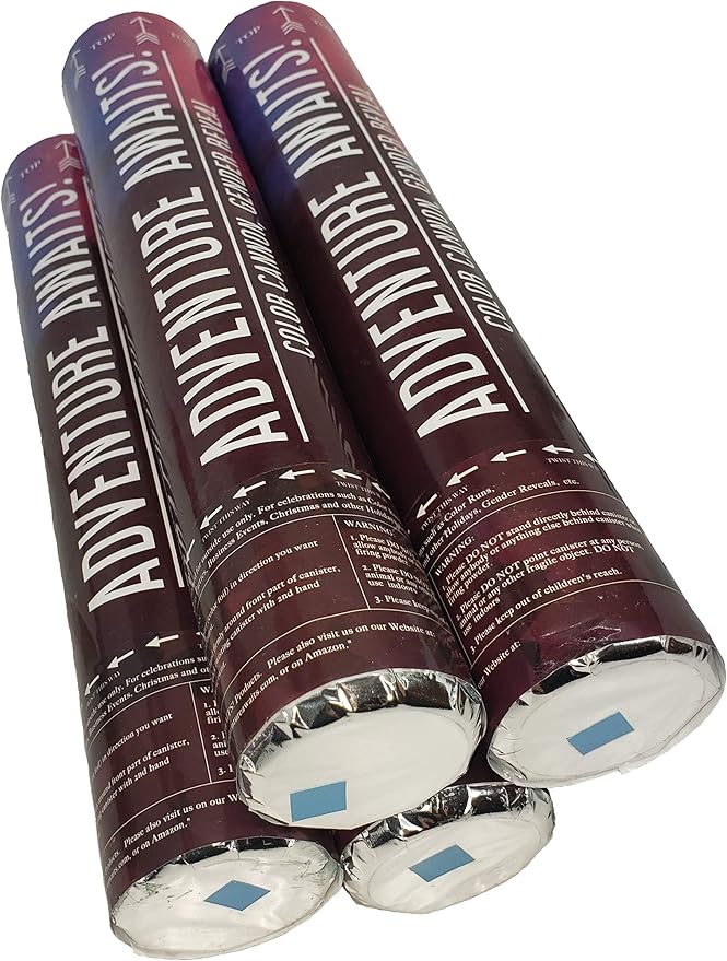 Adventure Awaits! - BABY GENDER REVEAL - 4-Pack Hand Held Air Filled Party Popper - 3 options: 4 Blue or 4 Pink or 2 Red/2 Blue - Check our store for other Color Run Festival colors! (4 Baby Blue)