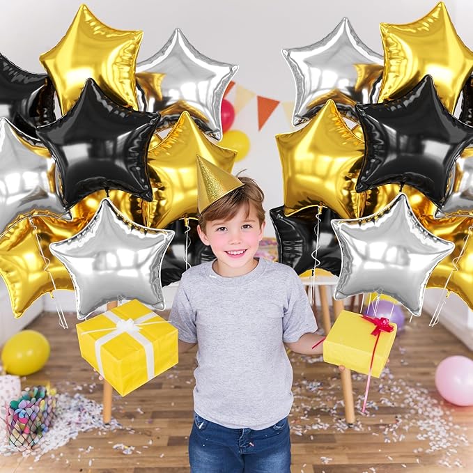 Black Gold Silver Star Foil Balloons, 10PCS Foil Stars Shape Balloons, 18 Inch Metallic Black and Gold Stars Balloon for Helium Pentagram Balloon for Birthday, New Years, Graduation Party Decorations