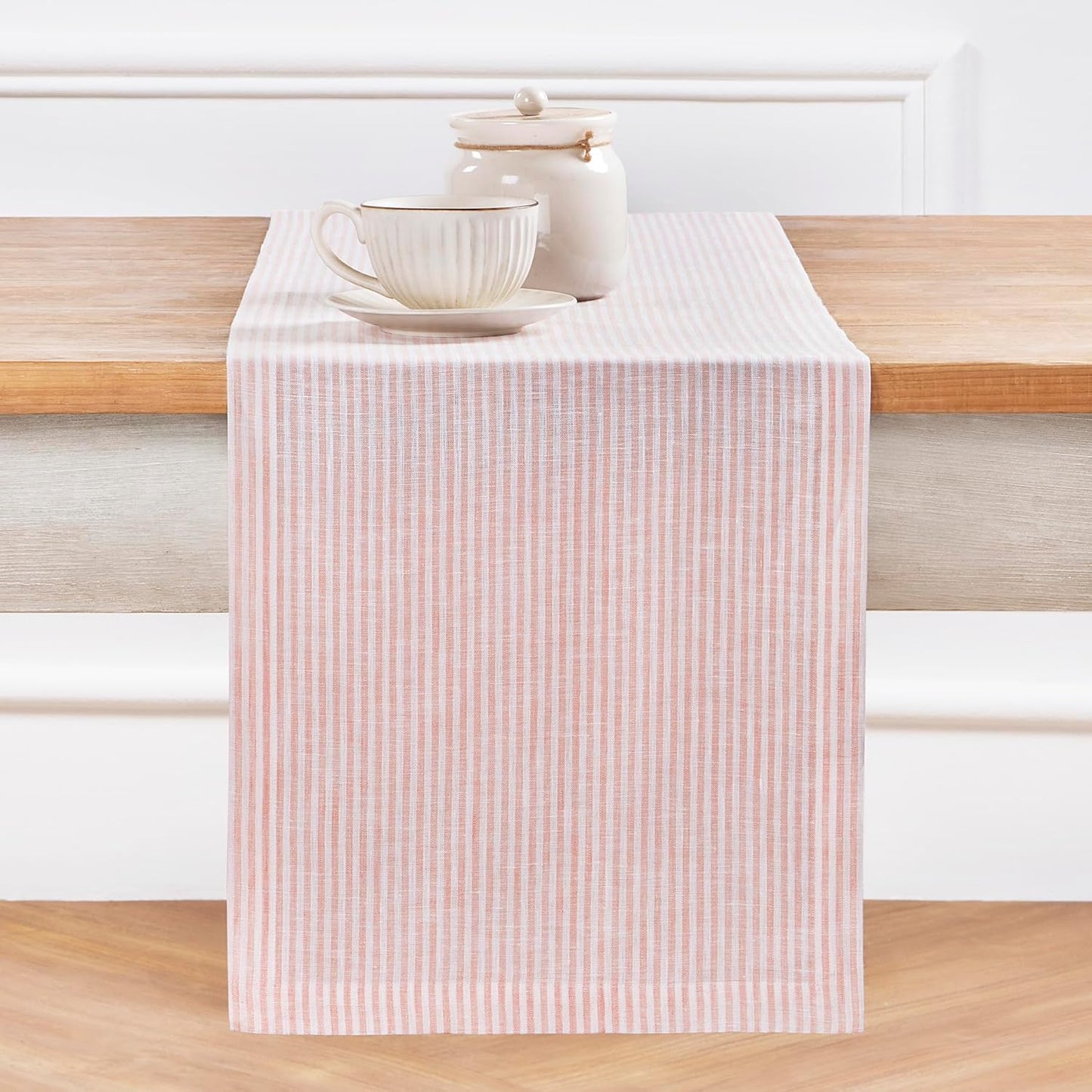 Solino Home Linen Striped Table Runner 108 Inches Long - Narrow Stripe 100% Pure Linen Peach and White Dining Table Runner 14 x 108 Inch