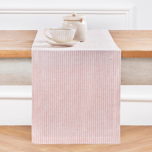 Solino Home Linen Striped Table Runner 108 Inches Long - Narrow Stripe 100% Pure Linen Peach and White Dining Table Runner 14 x 108 Inch