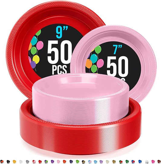 Party Solids Red & Pink Plastic Plates For Party Supplies, Red & Pink Disposable Plates 100 Pieces - 50-7" & 50-9" Heavy Duty 350 GSM Disposable Dinnerware Sets, Plastic Dinnerware Sets