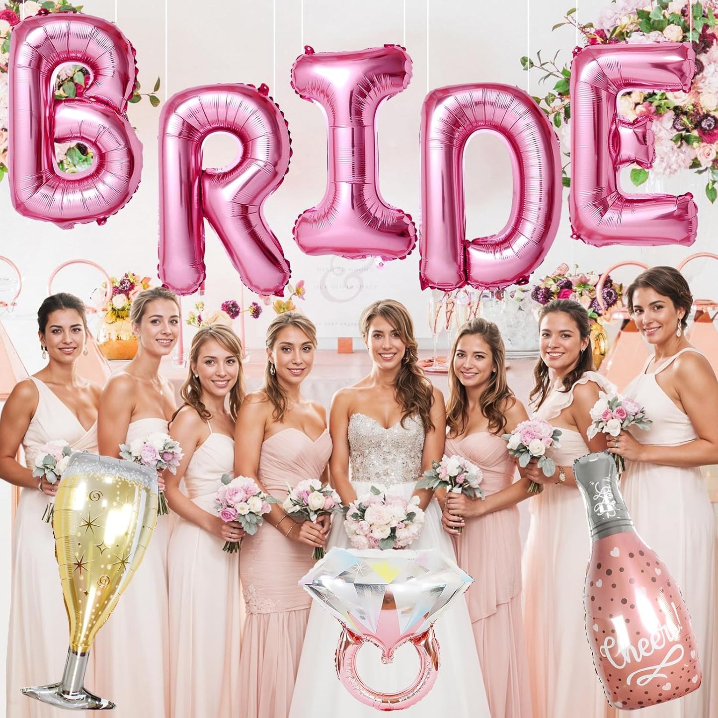 40inch Bride Balloons Pink Letters Banner, Bachelorette Party Decorations Set with Diamond Ring Champagne Bottle Balloon Glass Foil Balloon for Pink Bachelorette Engagement Wedding Bridal Shower Decor