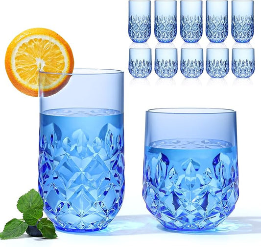 Acrylic Drinking Glasses Set of 12 Blue Mixed Drinks Glassware Unbreakable Palstic Tumbler and Rocks Glass Set 6pcs 18oz Highball and 6pcs 12 oz Cocktail Glasses for Cocktail Iced Coffee Beer Whiske