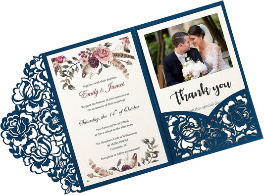 DORIS HOME 50pcs Laser Cut Wedding Invitations with Envelopes Blue, 4.7x7.1 Personalized Invitation Cards for Wedding, Anniversary Invitations with Envelopes