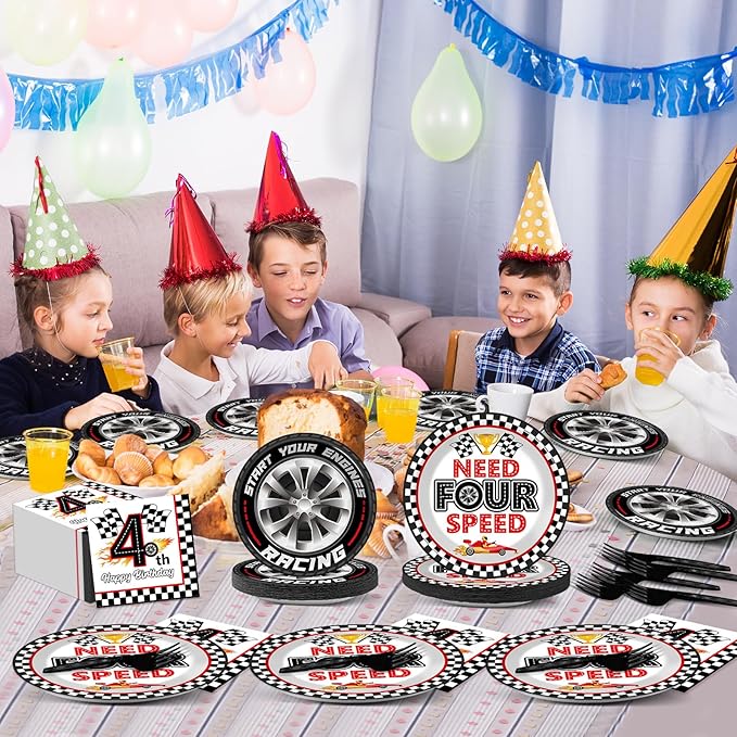 96Pcs Racing Car 4th Birthday Party Paper Plates and Napkins for Need Four Speeed Dessert Cake Plate Disposable Decor Racing Checkered Flag Tableware for Boy Kids Race Car 4 Years Birthday Decorations